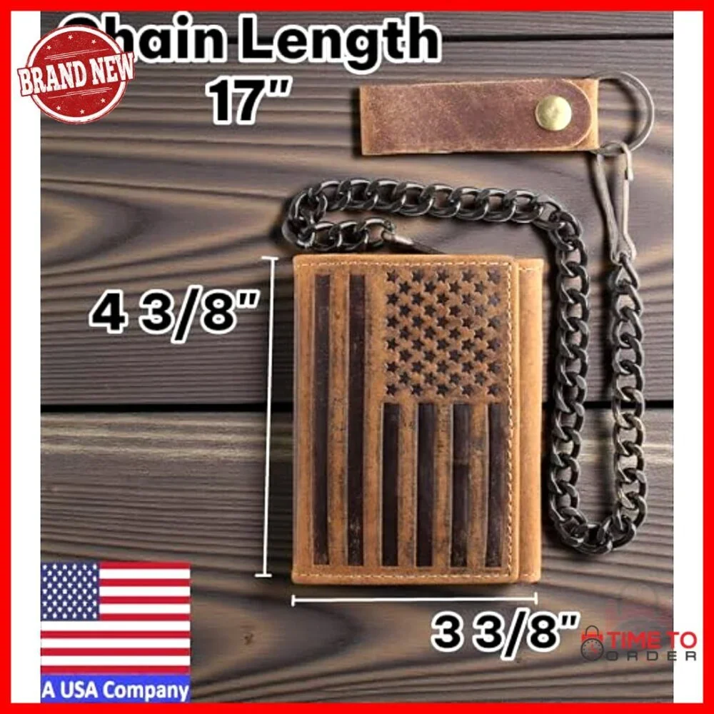 Men's RFID Blocking Tri-fold Leather Wallet with Steel Chain, Vintage Biker